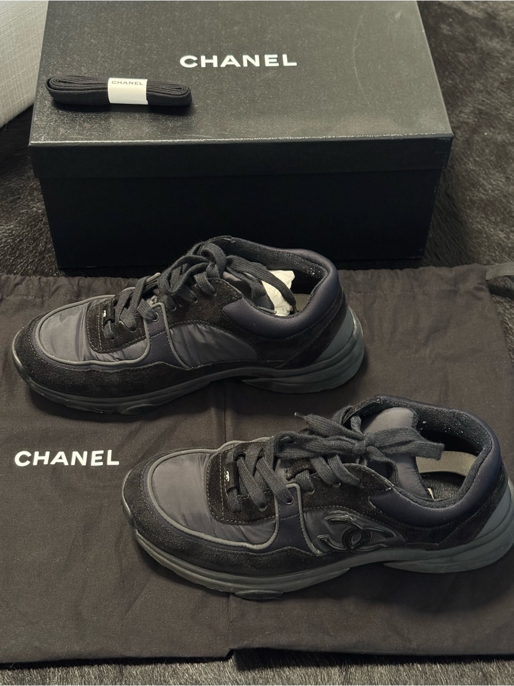CHANEL Black Suede CC Logo
Tennis Shoes